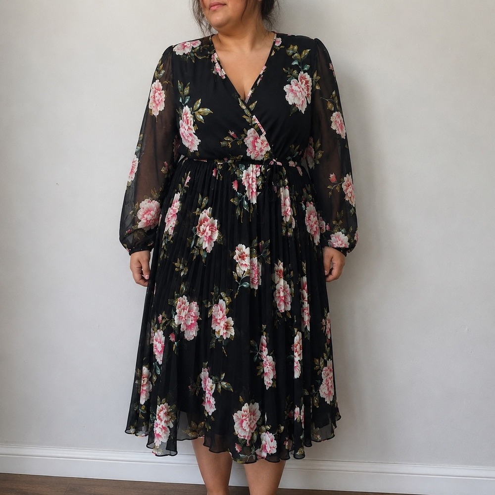 Indigo Rose Black Floral Pleated Chiffon Wrap Dress 2X Cottagecore Boho